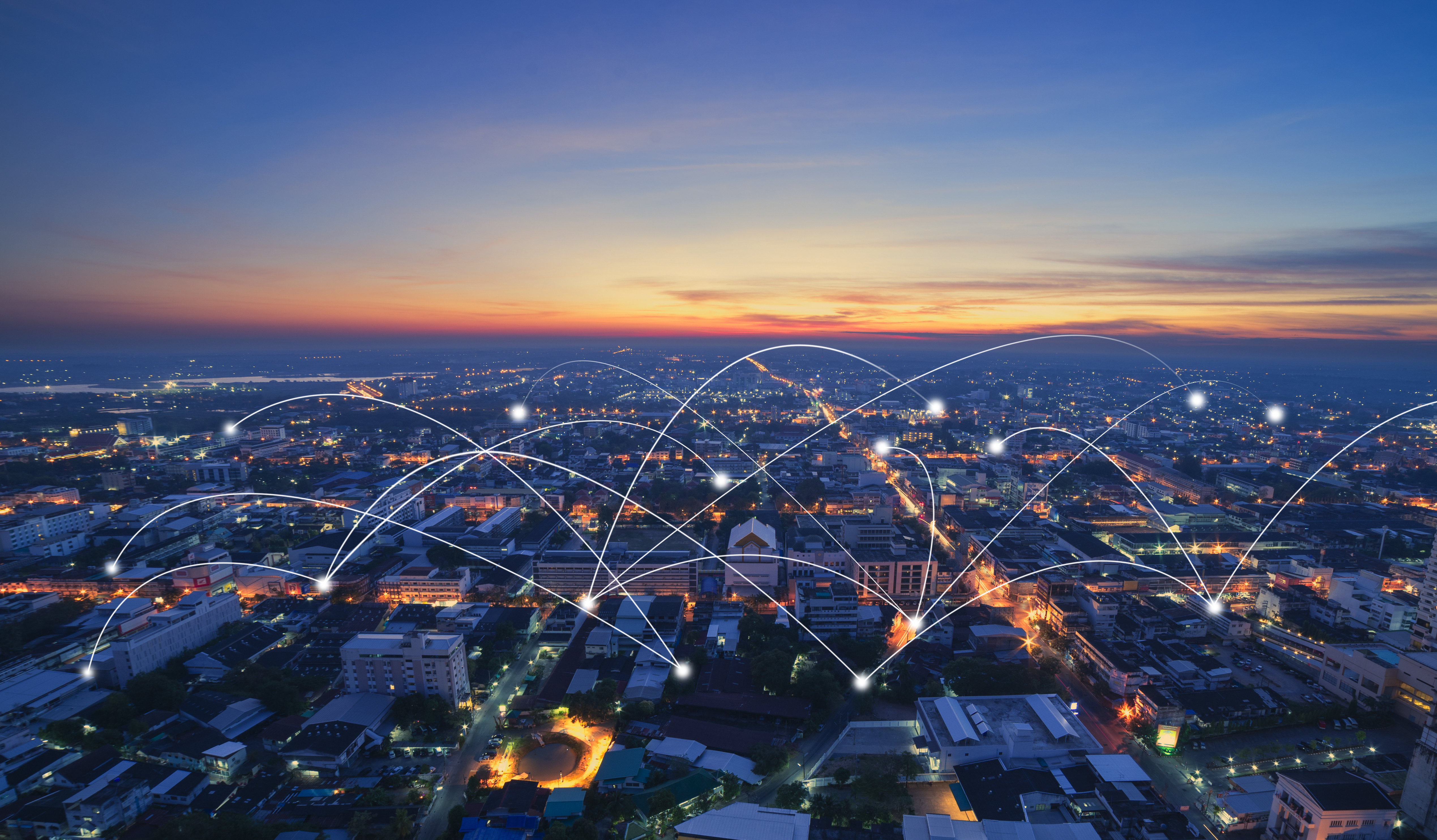 Birds eye view of a busy city showing connections