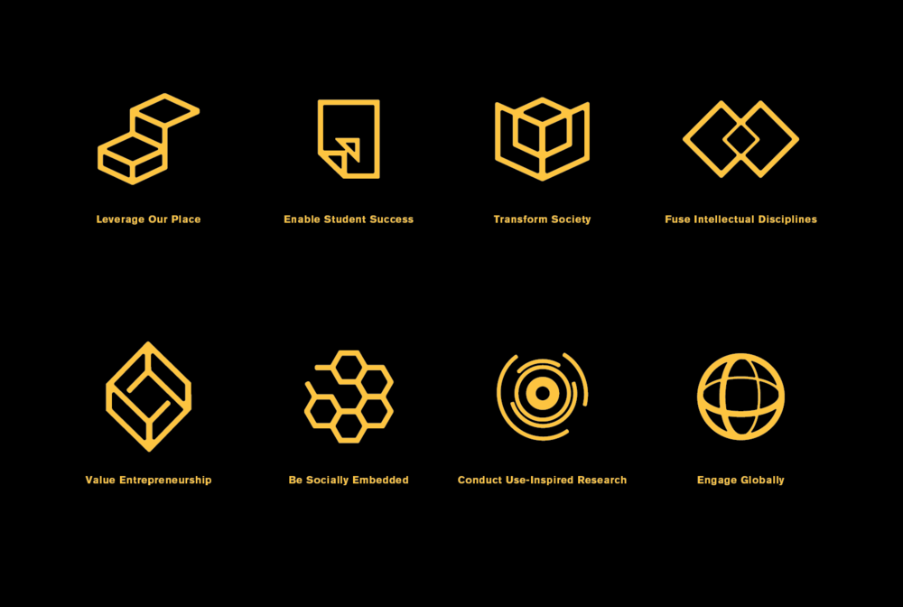 Design Aspirations Icons The eight design aspirations are Leverage Our Place, Transform Society, Value Entrepreneurship, Conduct Use-Inspired Research, Enable Student Success, Fuse Intellectual Disciplines, Be Socially Embedded, and Engage Globally.